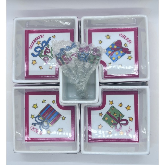 Vintage 10 Piece Tidbit Tray Set Peace Celebrate Cheer Joy NEW IN BOX - Picture 1 of 2